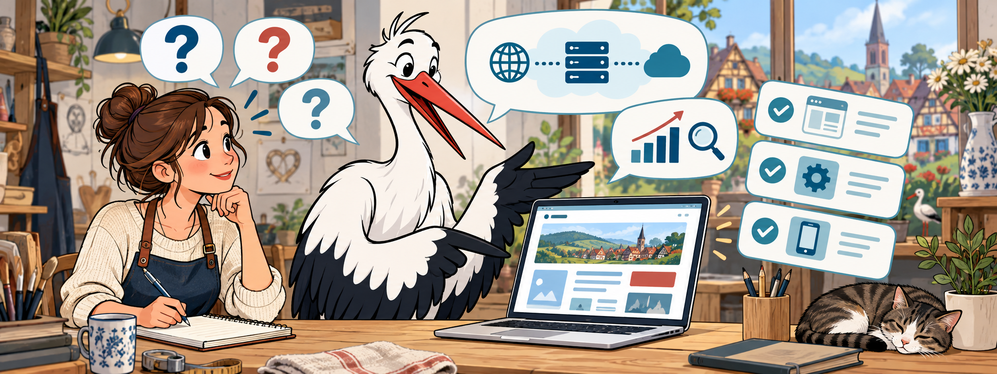 Illustration Cigogne Connect : la cigogne répond aux questions d'une artisane sur son futur site web.