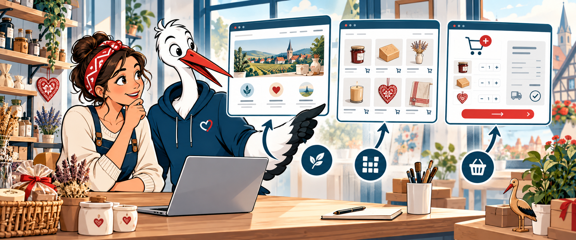 Illustration des services Cigogne Connect : site vitrine, catalogue et boutique en ligne pour petit commerce.