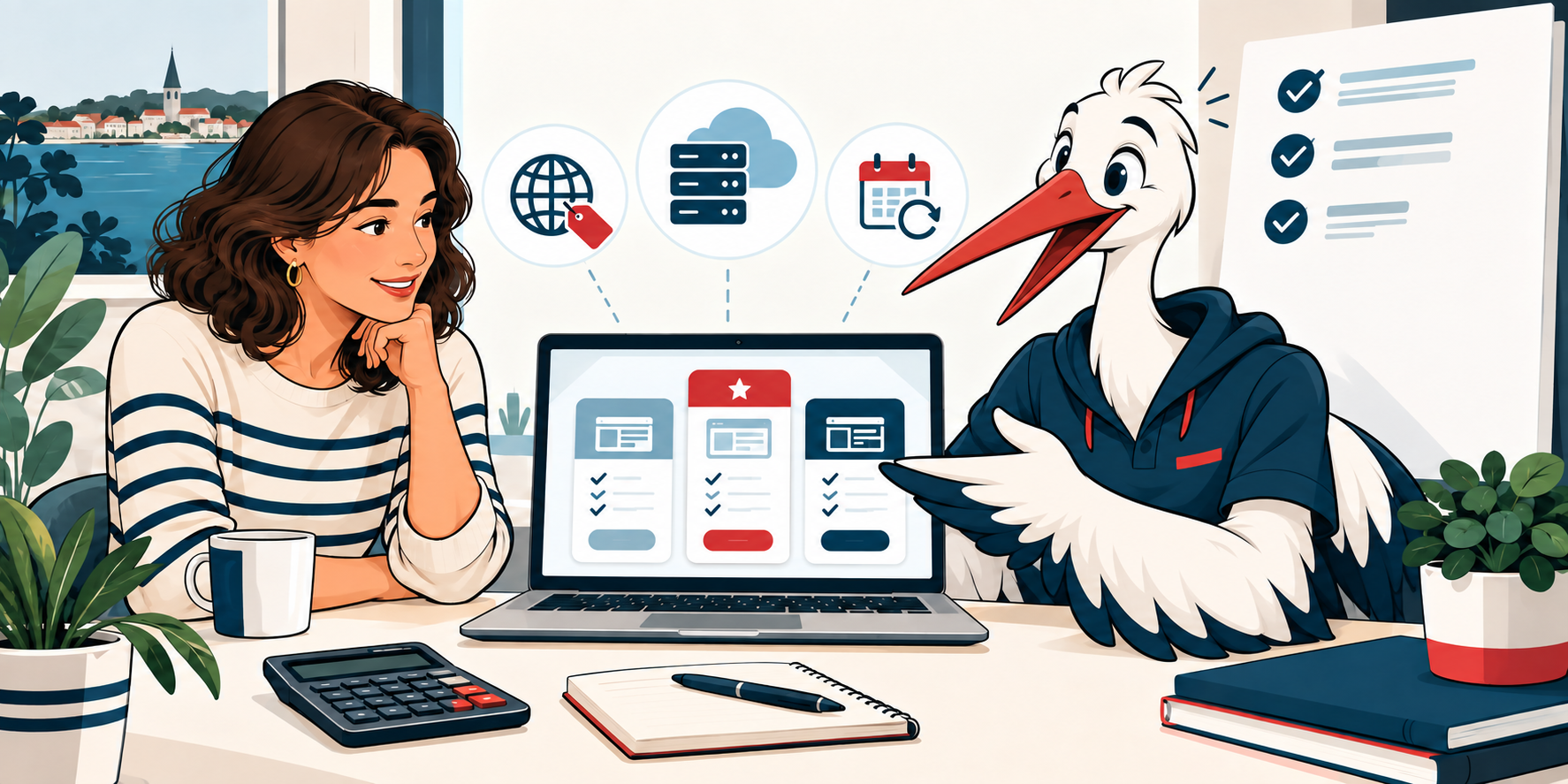 Illustration des tarifs Cigogne Connect : choix de packs, domaine, hébergement et devis clair.